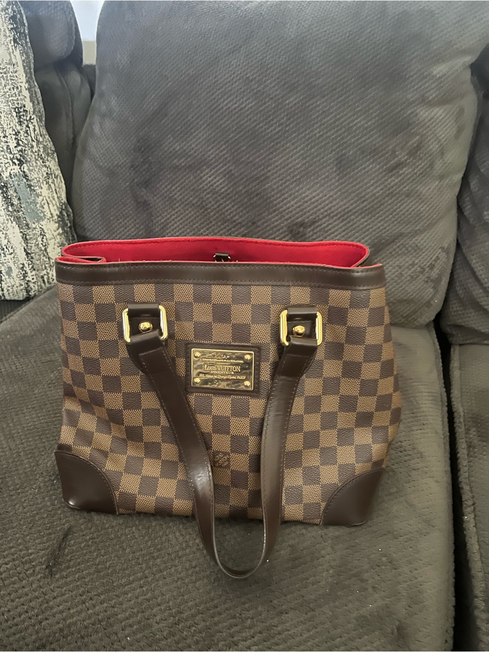 Louis Vuitton Brown Damier Canvas Tote with Red Interior - Picture 2 of 7